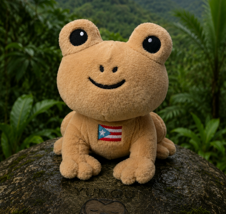 Plush frog toy with a flag patch on a rock with a forest background