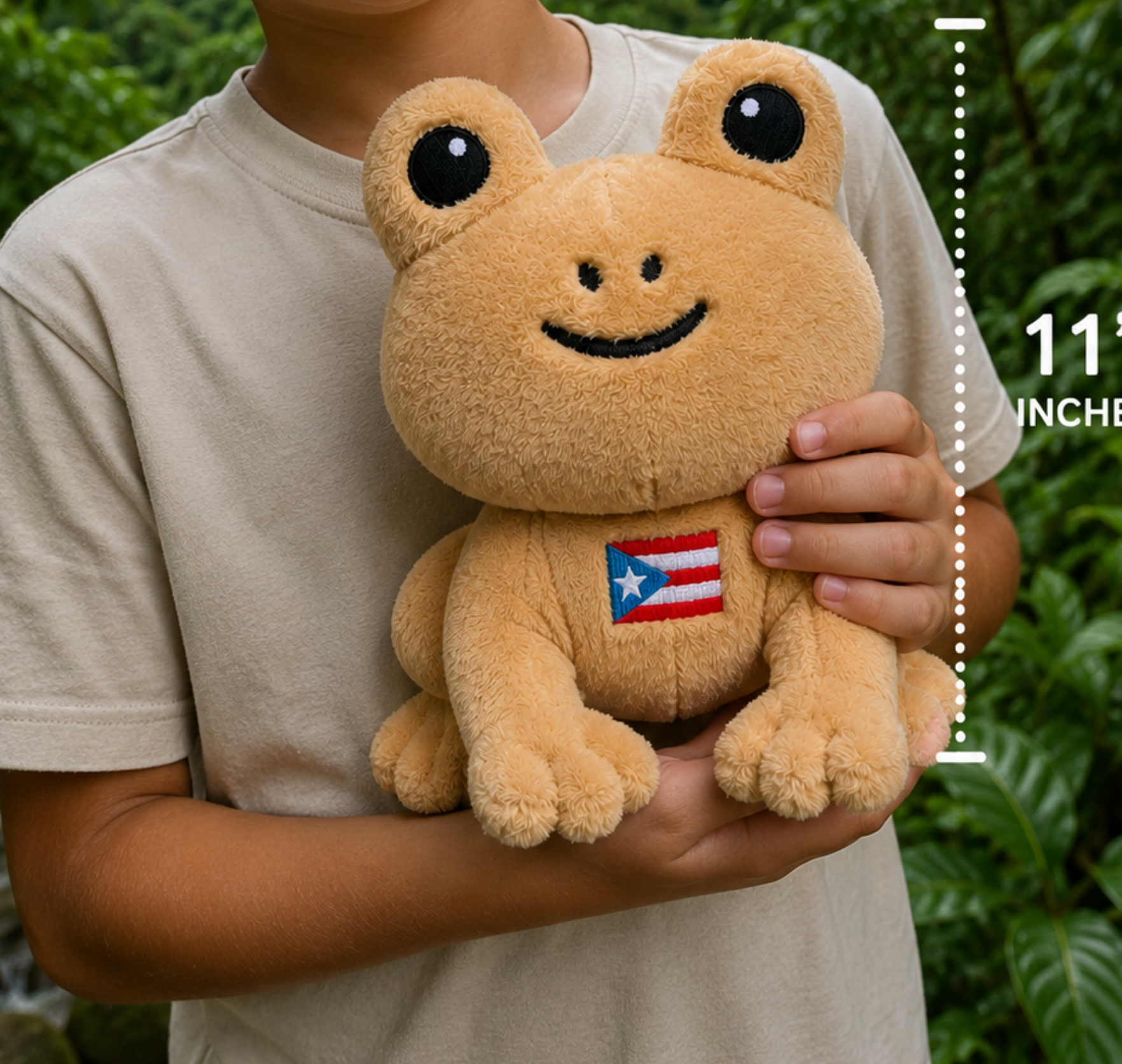 Person holding a plush toy frog with a Puerto Rican flag patch, set against a natural background.