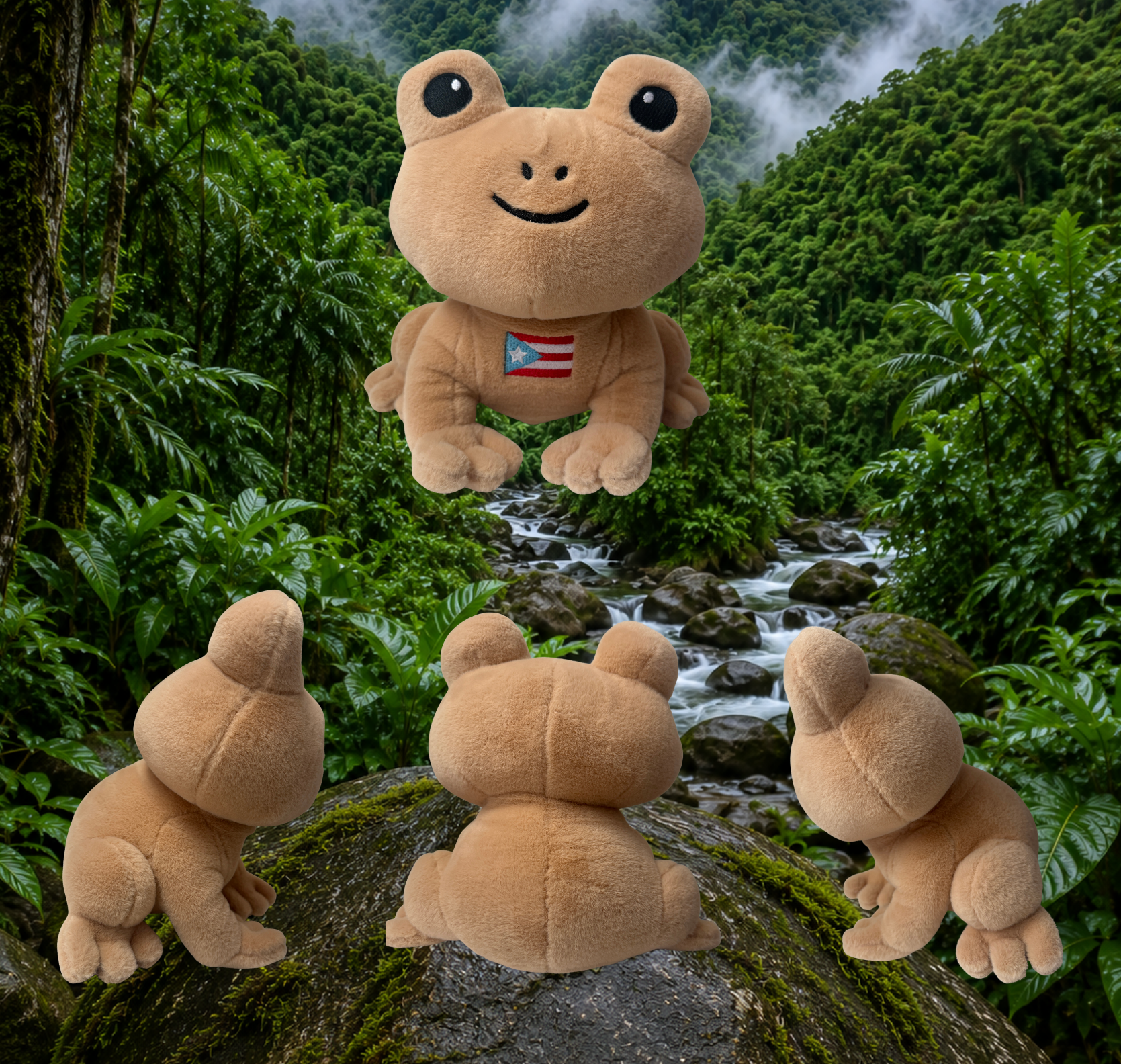 Plush frog toys with a Puerto Rican flag on a forest background